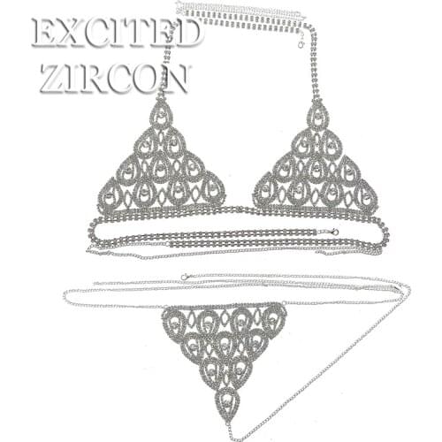Fashion trend hot style body chain bra panties woman sexy bling rhinestone bikini body jewelry suit chest chain thong