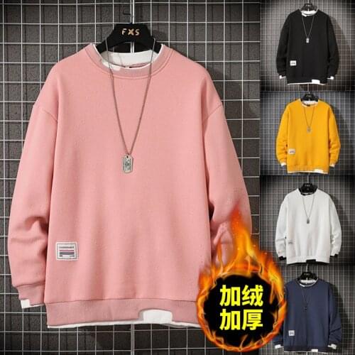 M-3xl Mens Sweatshirts Winter Male Hoodies Long Sleeve O-Neck Pullover Solid Add Wool Fake Two Pieces Streetwear Top Clothes C50