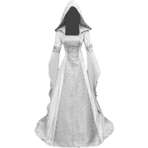 New Medieval Cosplay Wedding Dress Simple Retro Style Beautiful Solid Color Long-sleeved Hooded Waist Wedding Dress