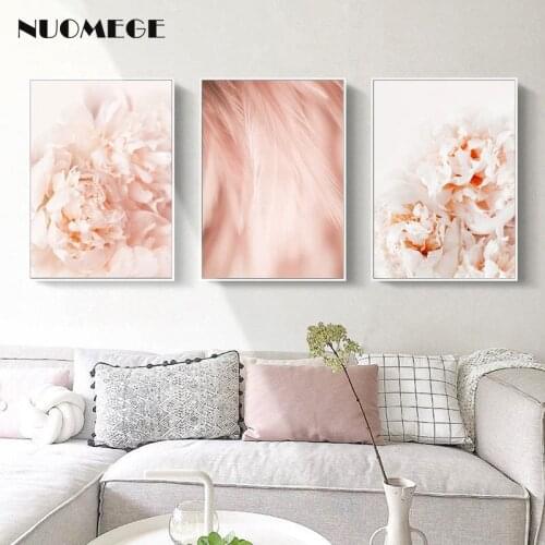 Scandinavian Style Posters and Prints Pink Flowers and Feathers Canvas Painting Petal Decorative Wall Pictures Bedroom Decor