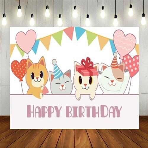 Photo Studio Props Vinyl Photography Backdrop For Kids Happy Birthday Party Cartoon The Cute Cat And Friends Background