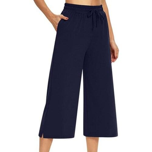 Wide Leg Solid Color Soft Drawstring Pockets Elastic Waist Women Capri Pants for Daily Life