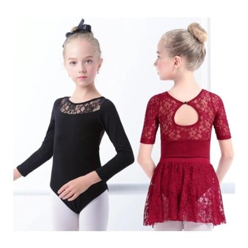 Discount Girls Ballet Dress Gymnastic Leotards Lace Skirted Leotards Long Sleeve Kids Toddler Gymnastic Swimsuit For Dancing