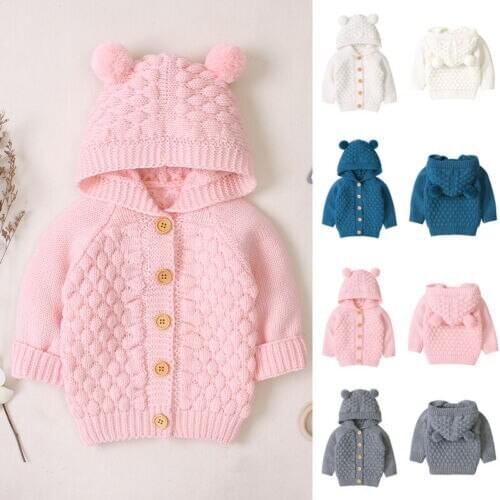New 0-24M Baby Boy Sweater Kids Hooded Toddler Knitted Tops Girl Warm Coat Kid Outerwear Autumn Winter Jackets