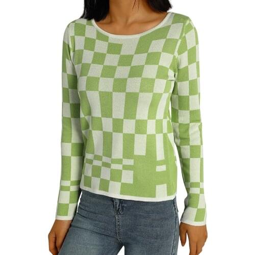 Women Spring Autumn Crew Neck Tops Pullover Female Casual Long Sleeve Slim Plaid Print Loose Fit Knit Sweater Green Black Red