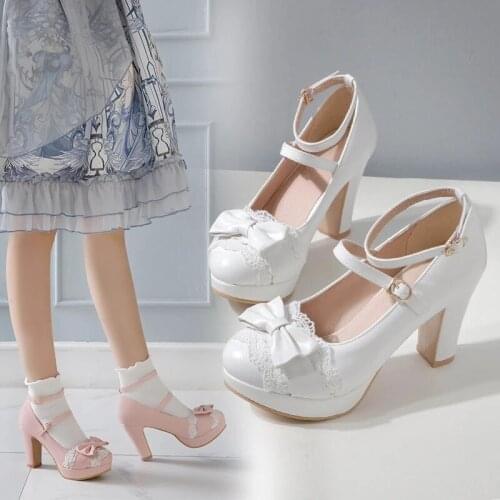 Summer Ladies Heels Sweet Platform Cute Bow Lace Princess Mary Jane Lolita Shoes Party High Heel 8.5 CM Buckle Women Pumps Pink