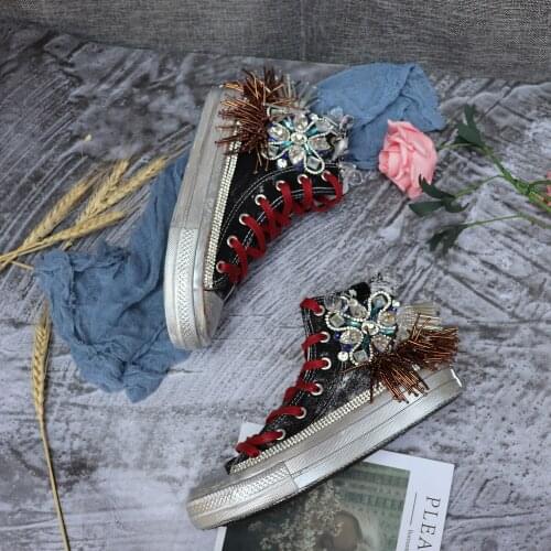 Heavy industry spring and autumn high-cut beaded rhinestone canvas shoes women do old street graffiti retro dirty shoes