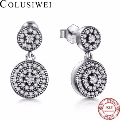 COLUSIWEI 2018 New Real 925 Sterling Silver Drop Earrings Fashion Round 5A Zircon Vintage Crystal Elegant Jewelry For Women Gift