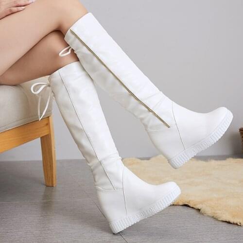 Wedge Platform Women High Boots Knee High Boots Girls Slip on Fashion Height Heel Wedge Boot white Casual Shoes Woman zogeer