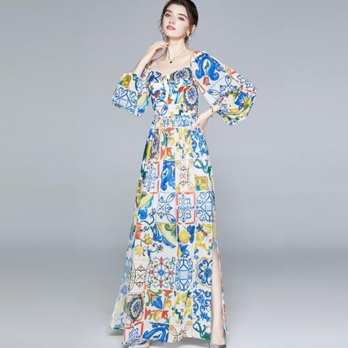 2020 New Spring Autumn Women Dress High Quality Retro Blue And White Porcelain Print Split Hem Elegant Party Long Dress
