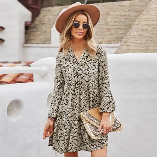 Sexy Leopard Printing Casual Beach Dress V-neck Flare Sleeve Loose Waist Patchwork A-line Dress Autumn Seaside Vacation Sundress