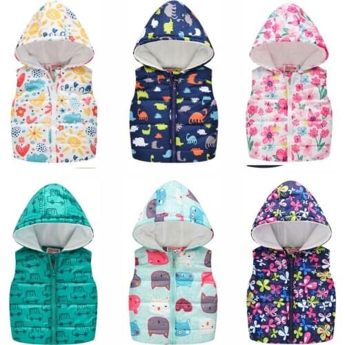 Boys Girls Vest Cartoon Pattern Hooded Vest Jacket Zipper Shirt Sleeveless Autumn Winter Top Printing Multi Children Clothes