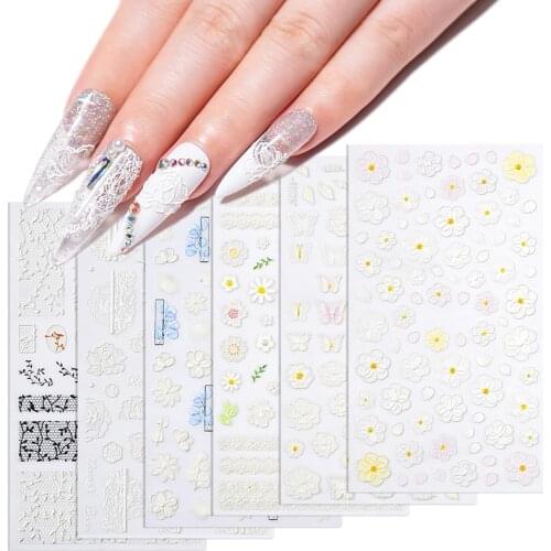 1Sheet White Embossed Flower Lace 5D Sticker Decal Wedding Nail Art Designs Floral Butterfly Japanese Manicure Decor