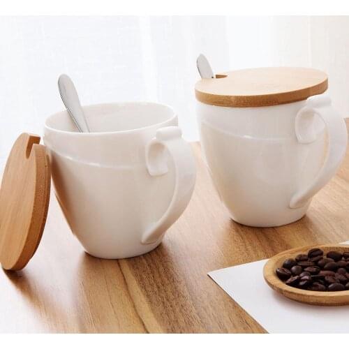 1Pc Coffee Mug Ceramic Cup with Wood Cover Spoon Home Office Coffee Tea Cup Drinkware Milk Lemon Juice Cups Friends Gift Mugs
