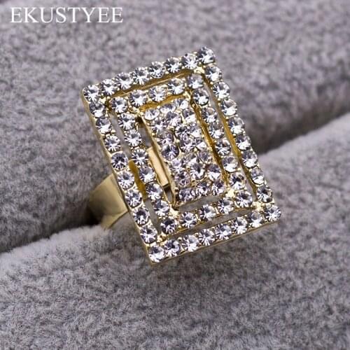 2018 New Arrival Opening Adjustable Rectangle Crystal Ring Gold Color Rings for Women Romantic Wedding Crystal Love Gifts