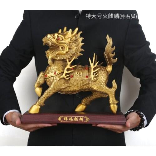 Large 2021 Company office home Bring in wealth Money Drawing good luck Talisman -TOP Retro dragon Qi lin FENG SHUI Brass statue