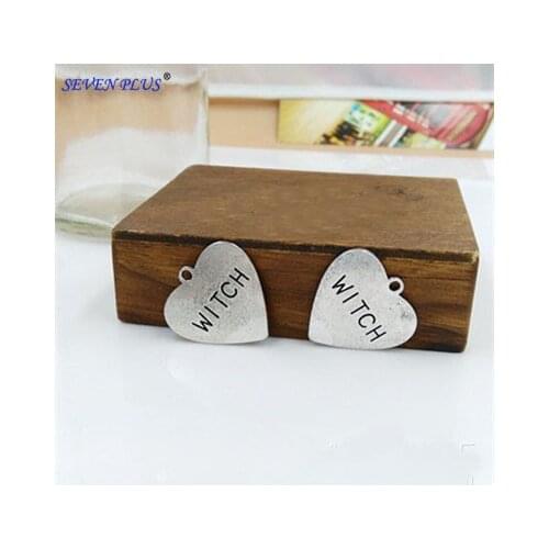 High Quality 10 Pieces/Lot 33mm*33mm Antique Silver Plated Letter Printed Heart Shaed Witch Charm Necklace Pendant
