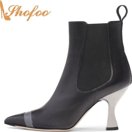 Black Pointed Toe High Spool Heels Woman Booties Elastic Ankle Boots Large Size 11 16 Ladies Winter Fashion Mature Shoes Shofoo