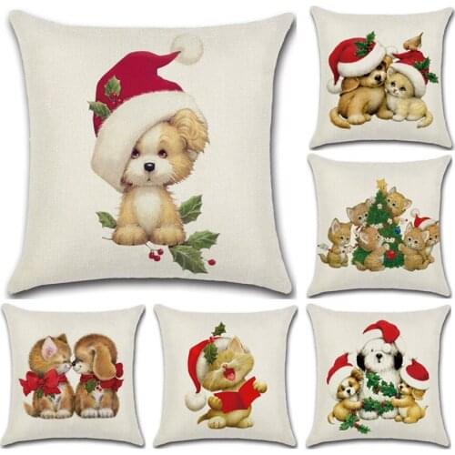 Decorative Throw Pillow Case Cute Cartoon Merry Christmas Pet Dog Cat Polyester Square Cushion Cover Decoration For Sofa Car