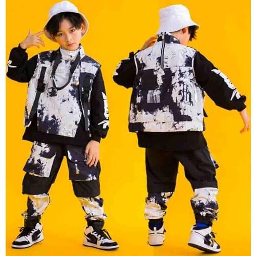 Kids Hip Hop Clothing Turtleneck Sleeveless Jacket Top Camo Tactical Cargo Pants for Girls Boys Dance Costume Clothes XS1458
