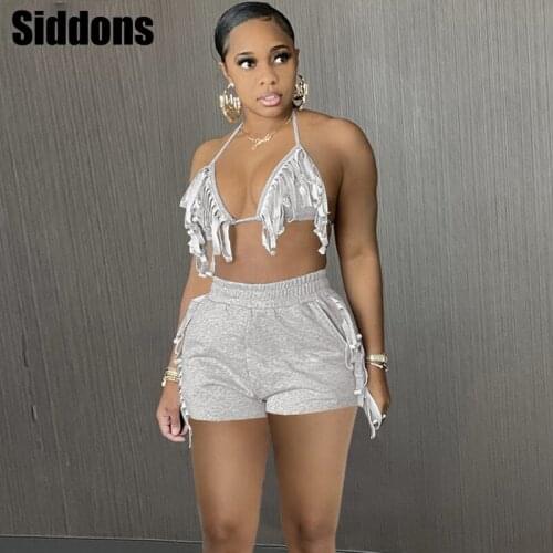 Women Halter Neck Fringed Crop Top And Matching Shorts Set Two Pieces Suits Party Club Wears