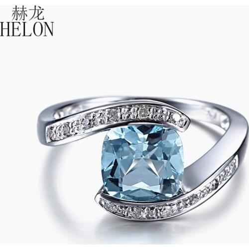 HELON Solid 10k White Gold Flawless Cushion Cut 8mm Sky Blue Topaz Natural Diamonds Engagement Ring Women Gemstone Fine Jewelry