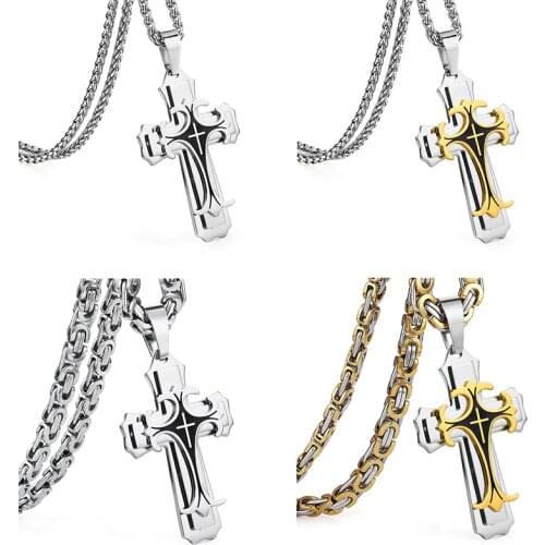 Stainless Steel Cross Pendant Necklaces for Men Byzantine 3/6mm Width Chain Gold Silver Color Hip Hop Necklace Male Jewelry Gift