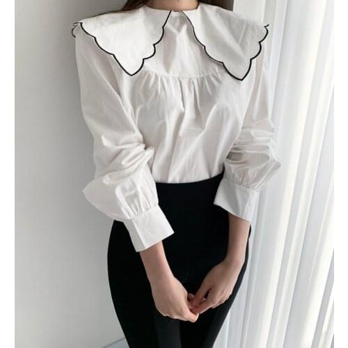Lace Doll Collar Buttons Long Sleeve Womens white shirt Vintage Plaid Blouses Spring 2021 Sweet Beautiful Korean Style Clothes