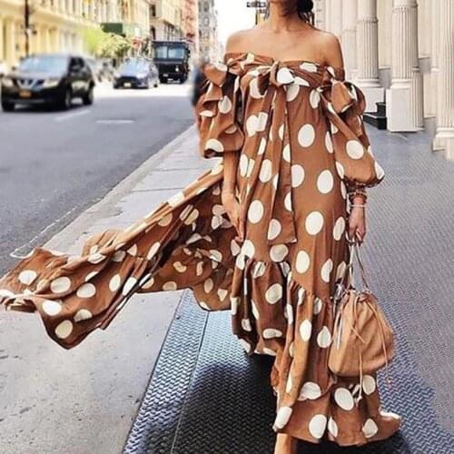 Summer Boho Dress Polka Dot Beach Dress Vintage Ruffles Off Shoulder Long Sleeve Party Swing Dress Sundress Vestidos Plus Size