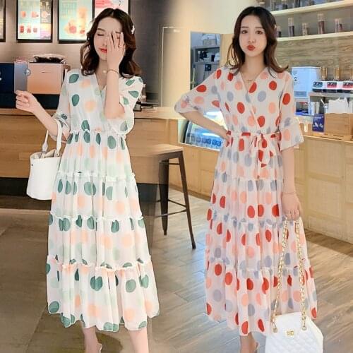 Summer Women Long Loose Dress Short Flare Sleeve Block Color Polka Dot Chiffon Photo Dress Maternity Breastfeeding Clothes Cute