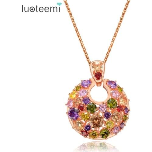 LUOTEEMI New Fashion Round Shape Pendant Multicolor CZ Rose Gold Color Necklace for Women Wedding Party Love Gift Jewelry