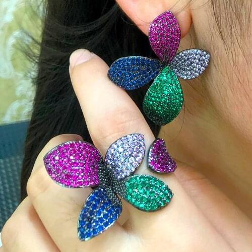 Blachette Fashion Luxury Dubai Brand Earrings Ring 2PCS Ladies Bride Wedding Party Dating Zircon Flower Jewelry Set Top Quality