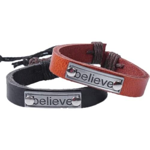 Fashion Vintage Metal Letter Believe Charm Leather Cuff Bracelet Woven Bangle Wrap Wristbands Adjustable Women Men Jewelry Gift