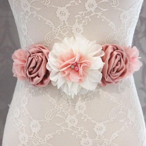 Fashion Vintage Pink/ivory flower Belt Girl Woman Sash Belt Wedding Sashes belt with flower headband