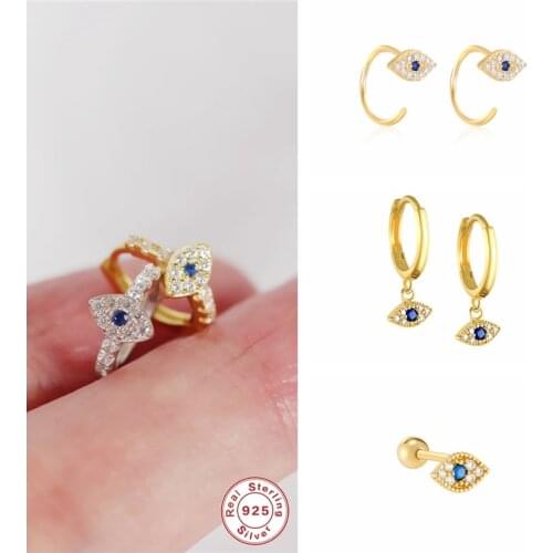 Genuine 100% Real 925 Sterling Silver Luxury Blue Zircon Eyes Stud Earrings for Women Femme Fine Earring Jewerly orecchini donna