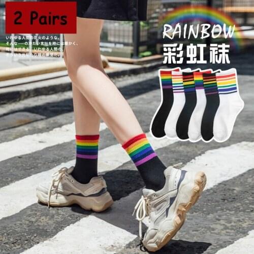2 Pairs Summer And Autumn Women Socks Colorful Rainbow Cotton Solid Set Tube Striped Long
