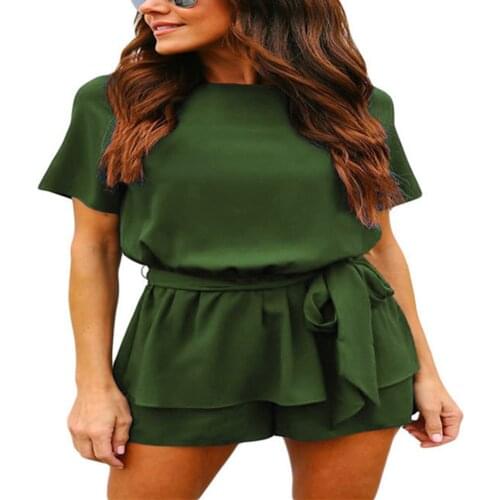 Newly Womens Summer Round Neck Solid Color Loose Short Sleeve Belted Wrap Short Jumpsuit Rompers DOD886