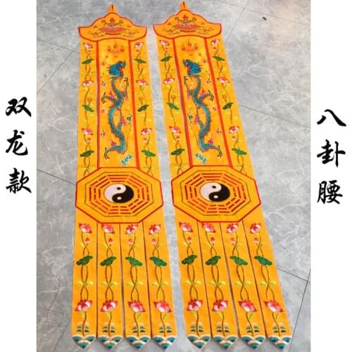 A pair Wholesale Taoism supply HOME Temple Altar FENG SHUI imperial 2 Dragons decorative golden Streamer Buddha flag banner