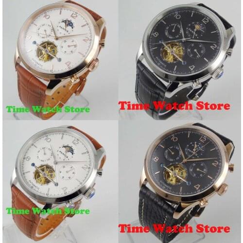 Parnis 43mm multifunction automatic wrist mens watch Week Date display polished gold silver case white black dial waterproof