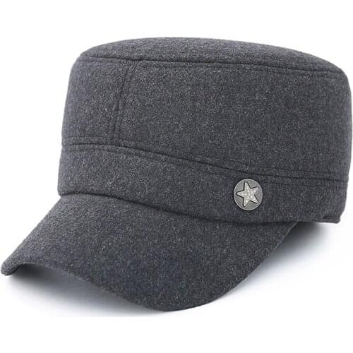 Men Woolen Felt Military hats Army Cap Plain Dad Hat Autumn Winter Copper Star Logo Thicken Keep Warm Flat Cap with Earmuffs