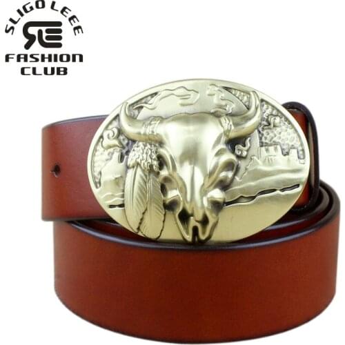 SLiGOLEEE High Quality Solid Brass 3D Big Bull Head Buckle Italy Genuine Leather Belts Men with38mm Wide Strap women accessories