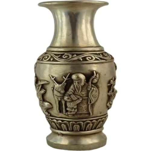 Old Decorated Handwork Tibet Silver Carving Deer & Immortal Noble Vase