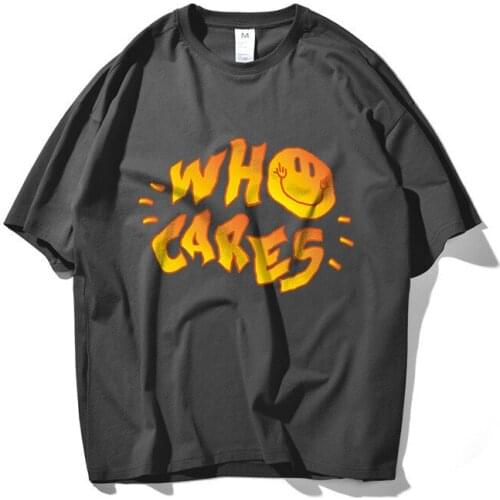 Street Hip-hop Mens T-shirt Loose Oversize Five-point Sleeve Cotton American Smiley Face Print Short Sleeve Outdoor Leisure