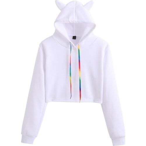 2021 Spring Autumn Women Sweatshirts Fashion cute ear hooded Sweet sport short hoodies Sport pullovers Solid female tops