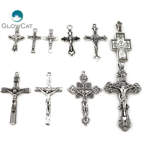 MIX 10pcs/lot Vintage Silver Zinc Alloy Jesus Cross Pendant Religious Faith Charm Frame Jewelry Finding Making 22397