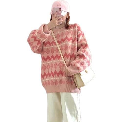 Vintage Argyle Knit Pullover Sweater Korean Fashion Oversized Long Sleeve Clothing Schoolgirl Spring and Autumn Tops