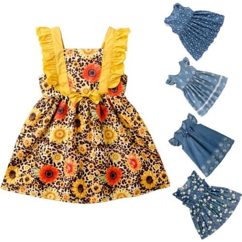 VOGUEON 2021 Girl Dress Summer Sleeveless Print Flower Kids Dresses Girls Birthday Elegant Denim Princess Dress Children Clothes