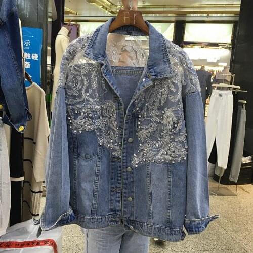 Spring Autumn 2021 Vintage Lace Patchwork Diamond Sequin Denim Coat Casual Single-breasted Long Sleeve Loose Jeans Jacket Female