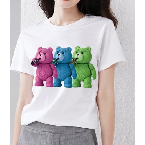 T-shirt Womens Summer Top Three Cartoon Bear Print Ladies Round Neck Top Soft Ladies Commuting Comfortable Short Sleeves Tees
