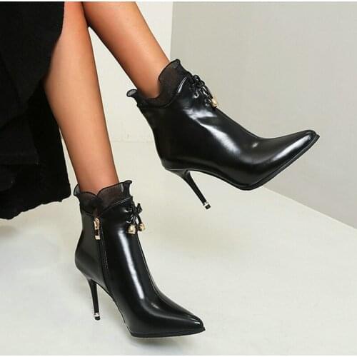 Black White Women Ankle Boots Fashion Pointed Toe Thin High Heel Short Boots Side Zipper Dress Womans Shoes Big Size 34-45